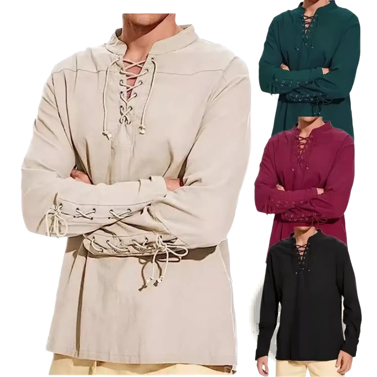 Beige long-sleeved men’s medieval viking lace-up linen tunic shirt with matching drawstring ties and subtle stitching details
