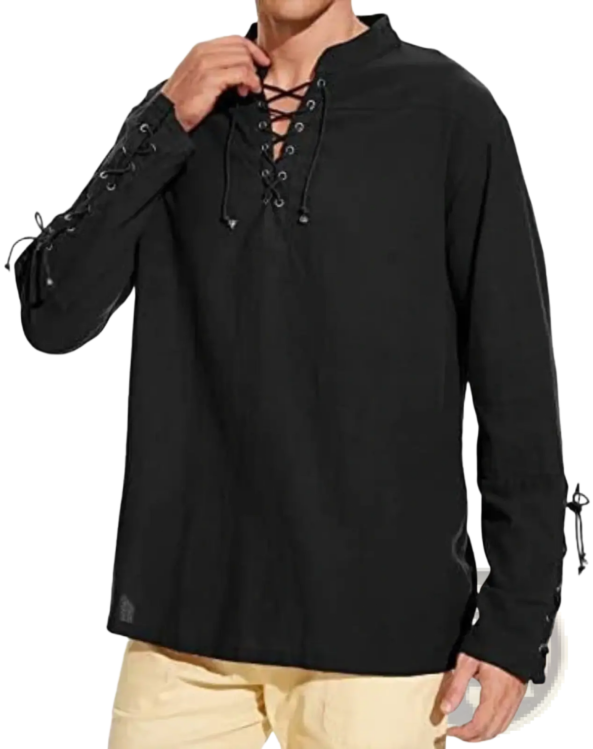 Men’s medieval viking black long-sleeved linen shirt with lace-up front high collar and decorative eyelets