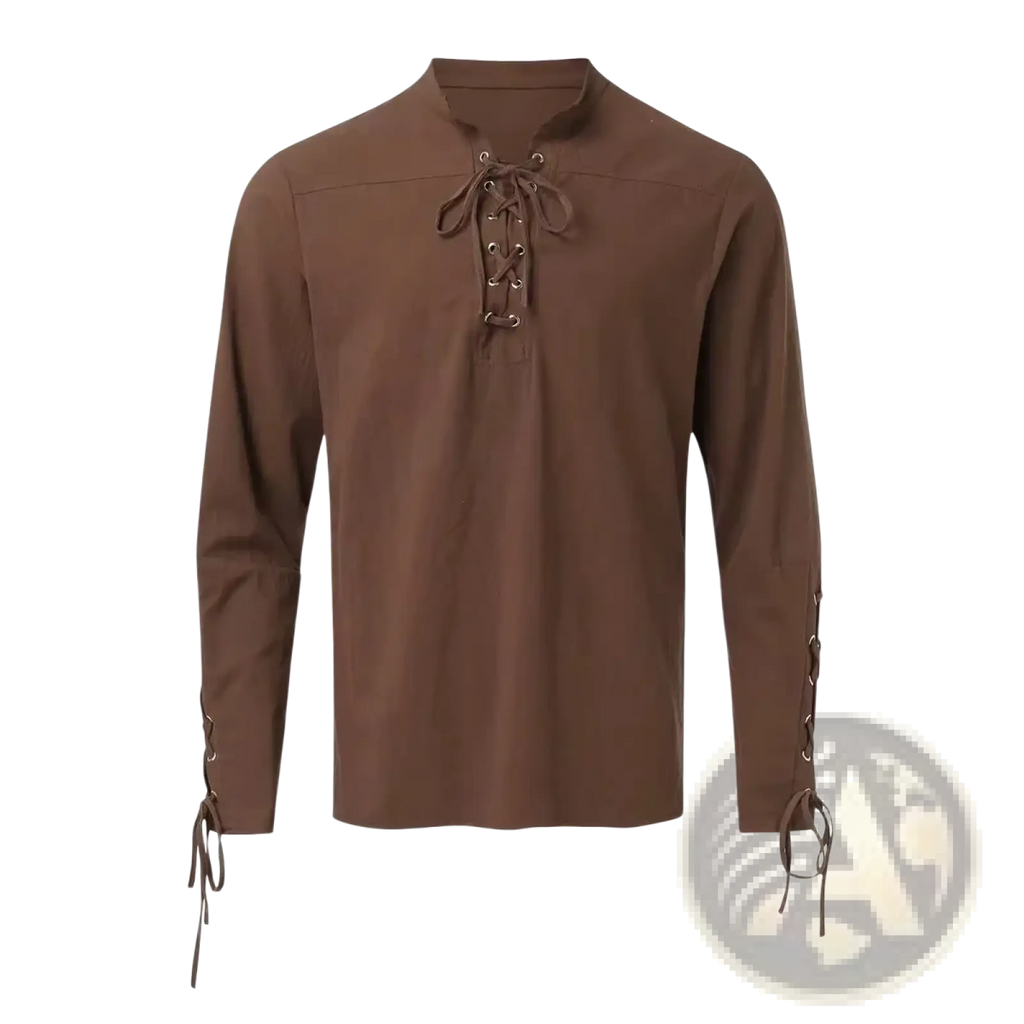 Men’s medieval viking brown linen long-sleeved shirt with lace-up front cuffs and classic collar design