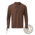 Men’s medieval viking brown linen long-sleeved shirt with lace-up front cuffs and classic collar design