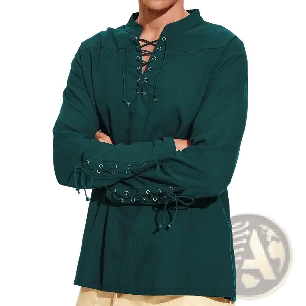 Men’s medieval Viking long-sleeved dark green linen shirt with black lace-up front and metal eyelets