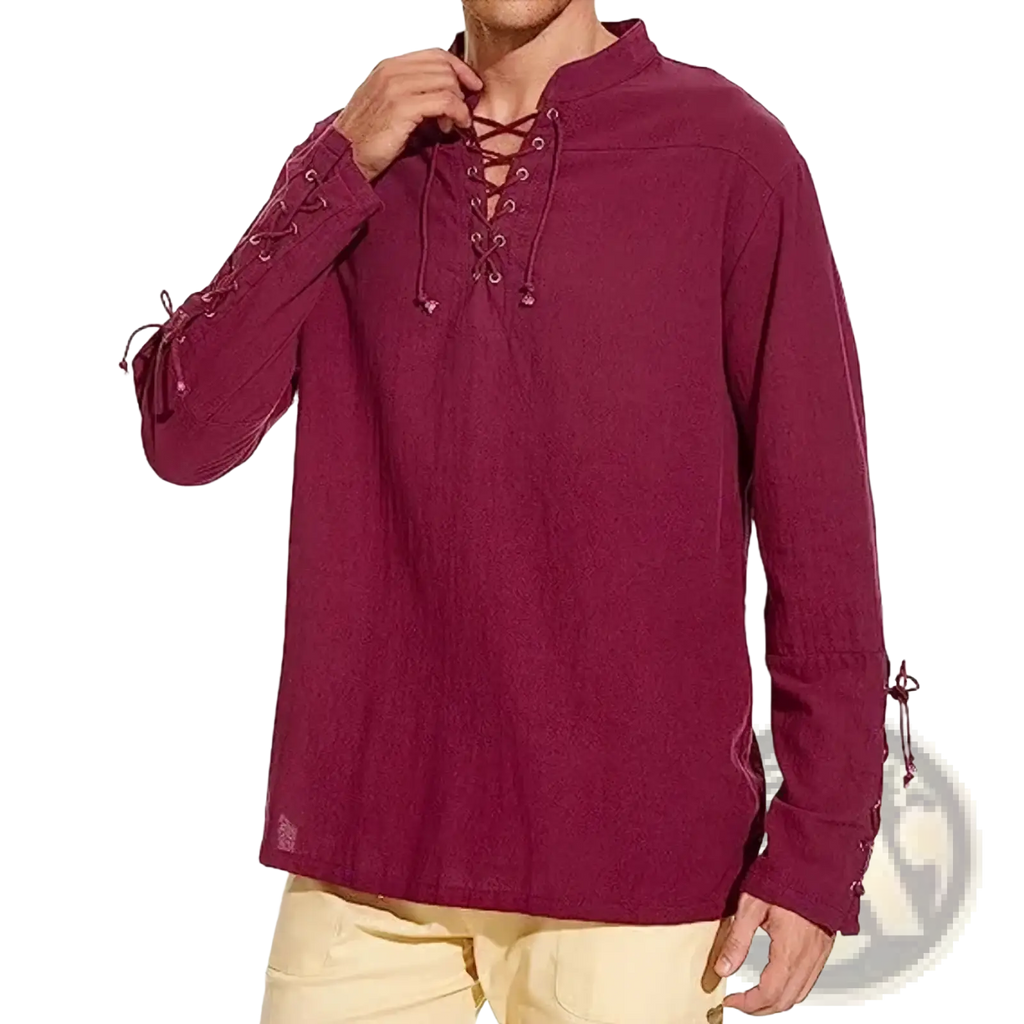 Men’s medieval Viking lace-up linen shirt in maroon with long sleeves high collar and matching laces