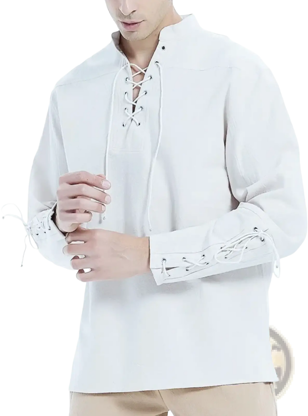 Men’s medieval viking white lace-up long-sleeve linen shirt with high collar and matching laces