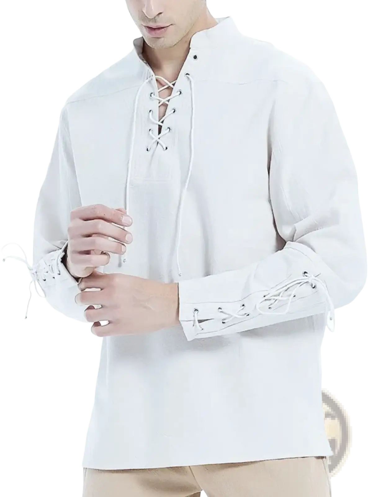 Men’s medieval viking white lace-up long-sleeve linen shirt with high collar and matching laces