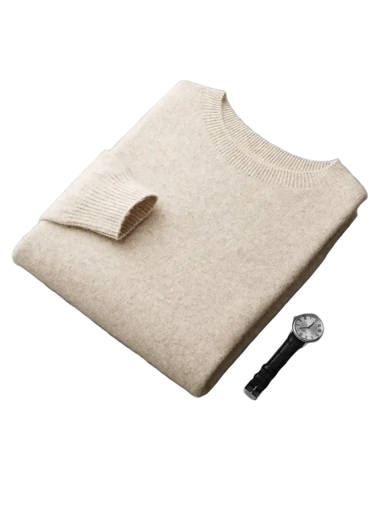Men’s cream-colored cashmere sweater with ribbed crew neck and cuffs in a merino wool crewneck style