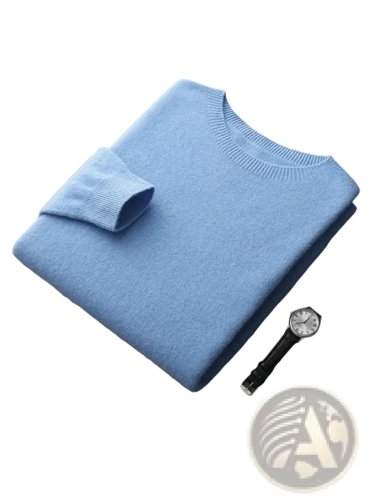 Men’s merino wool crewneck sweater in soft light blue finely knitted with ribbed cuffs and classic crew neck design