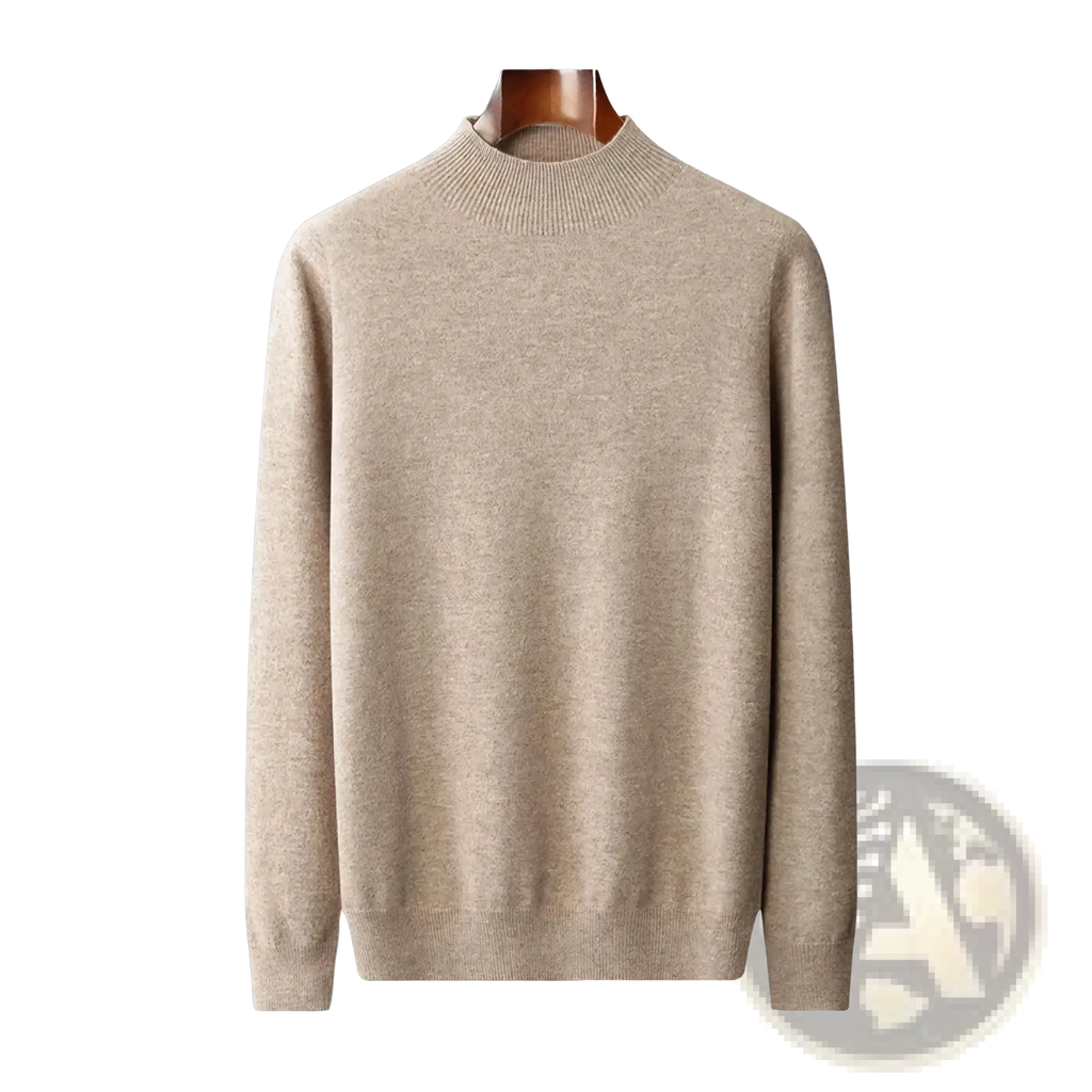 Men’s beige ribbed crewneck sweater made of soft merino wool with textured knit fabric for comfortable wear