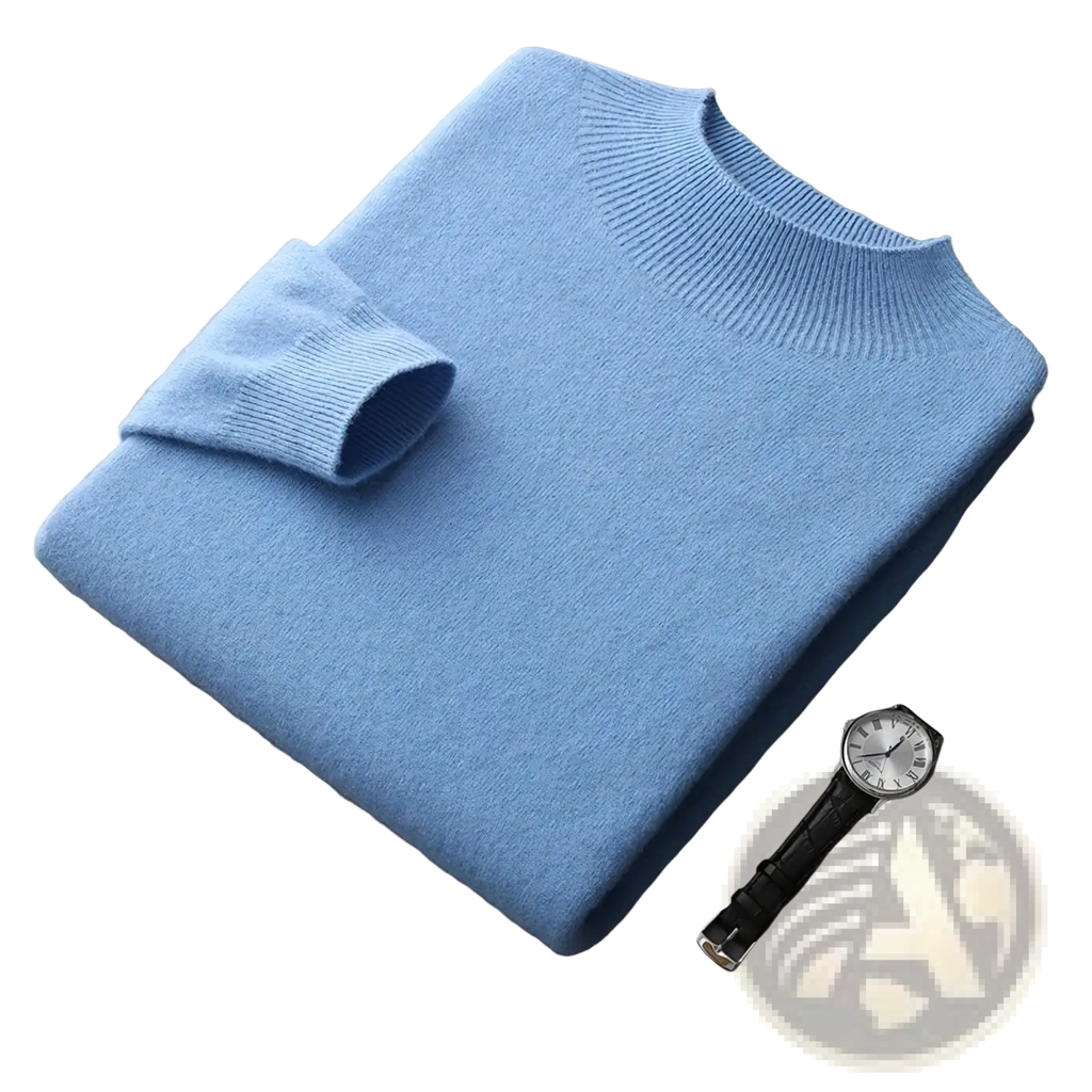 Men’s light blue cashmere sweater with ribbed crew neck and cuffs complementing a merino wool mock neck pullover