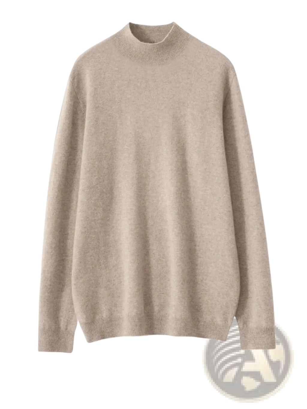 Men’s beige pure cashmere crew neck sweater with ribbed cuffs paired with merino wool mock neck pullover design