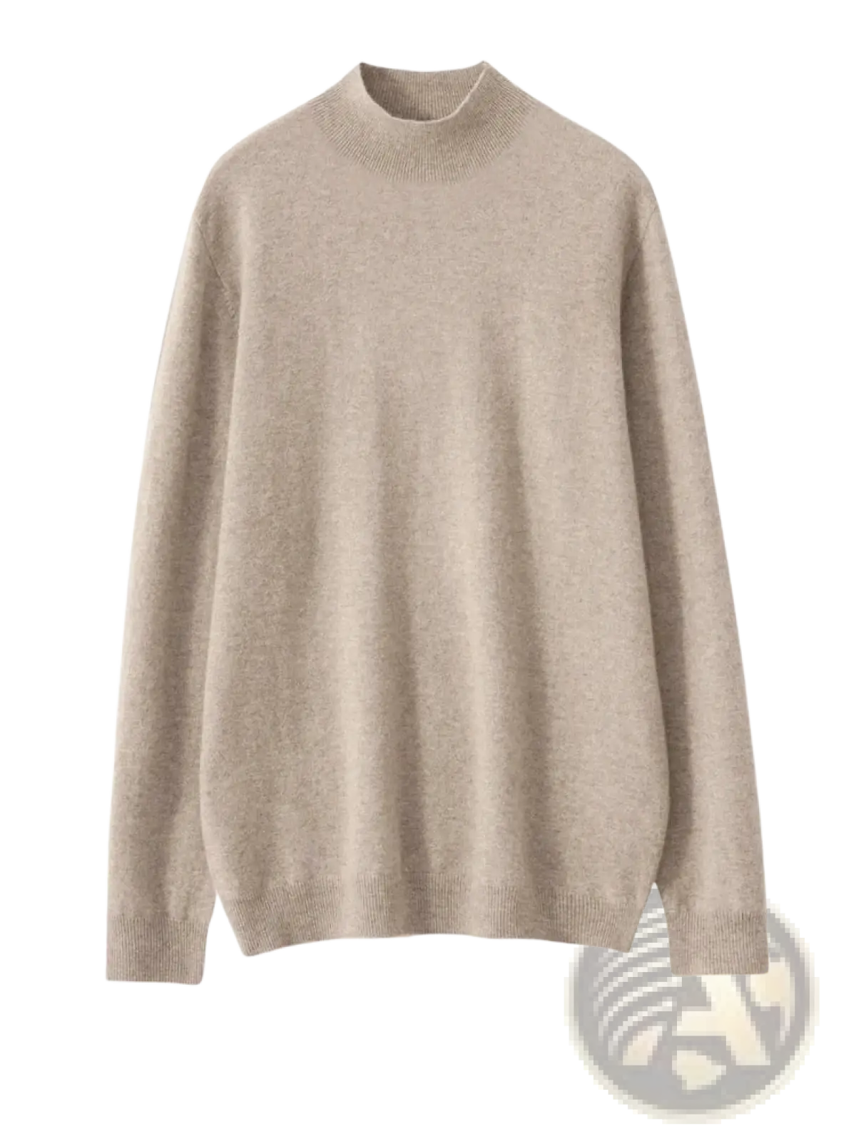 Men’s beige pure cashmere crew neck sweater with ribbed cuffs paired with merino wool mock neck pullover design