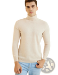 Men’s cream-colored merino wool turtleneck sweater with ribbed knit texture and long sleeves
