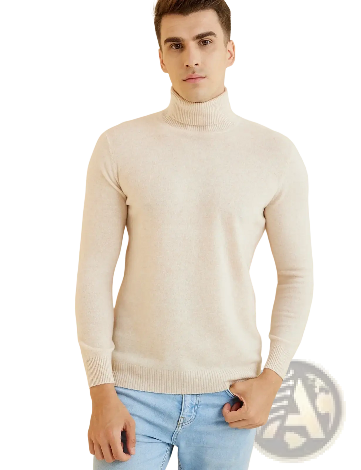 Men’s cream-colored merino wool turtleneck sweater with ribbed knit texture and long sleeves