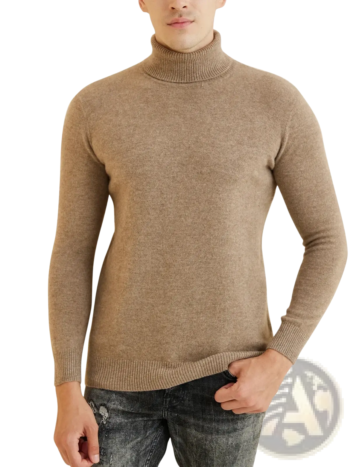Beige men’s merino wool turtleneck sweater with soft ribbed knit texture and long sleeves for comfortable wear