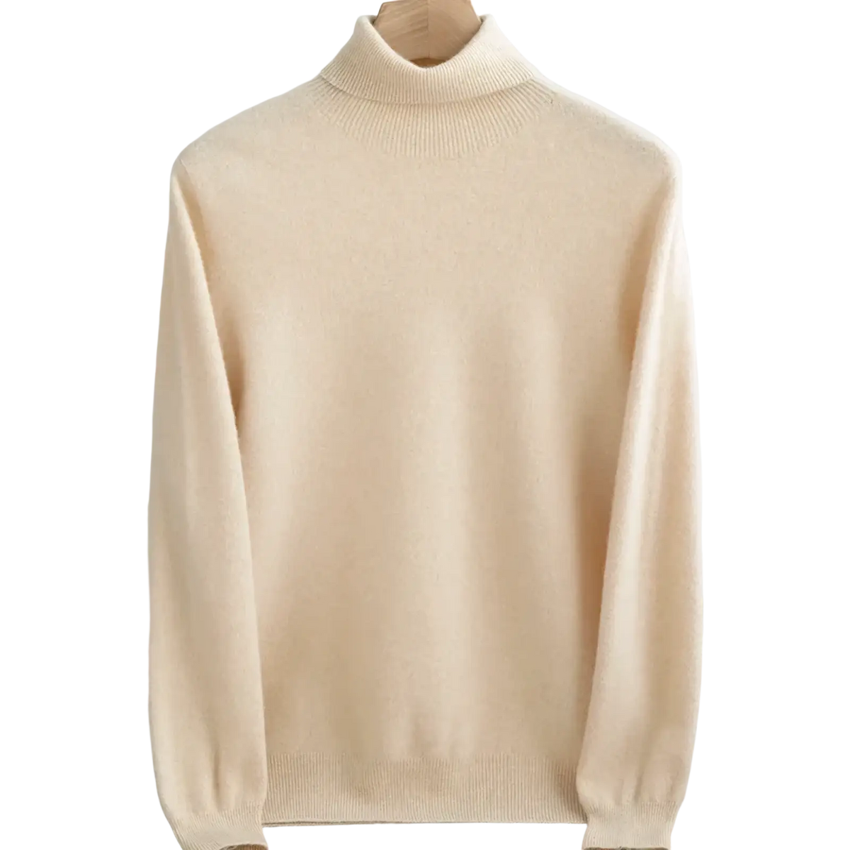 Men’s cream-colored merino wool turtleneck sweater with ribbed knit texture and long sleeves featuring finished cuffs