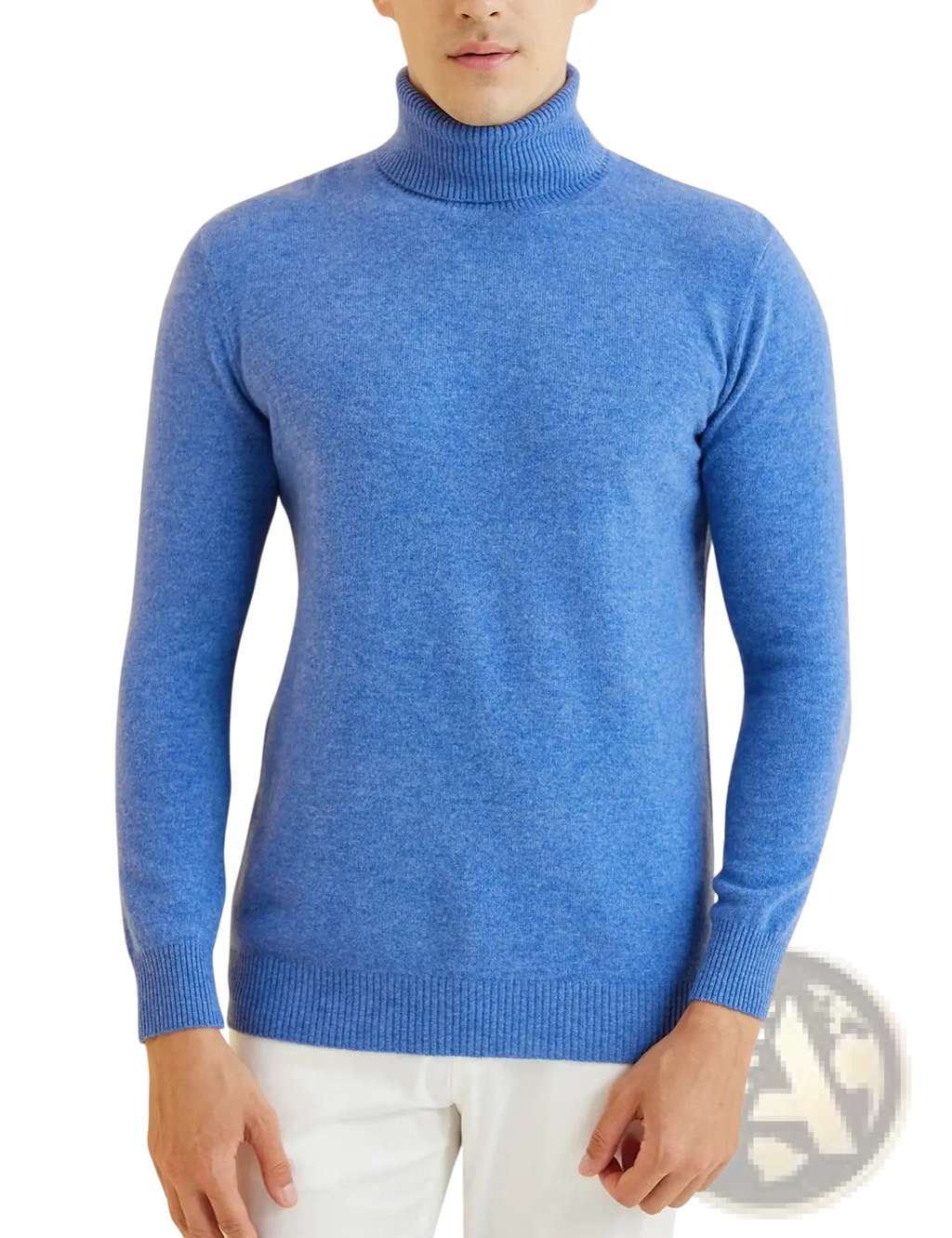 Men’s merino wool turtleneck sweater in soft blue heather with ribbed cuffs and hem for comfortable wear