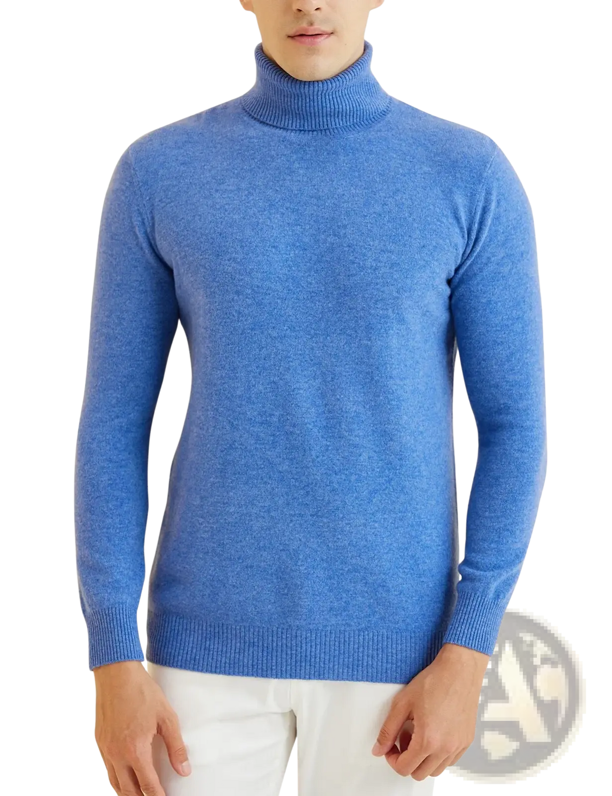 Men’s merino wool turtleneck sweater in soft blue heather with ribbed cuffs and hem for comfortable wear