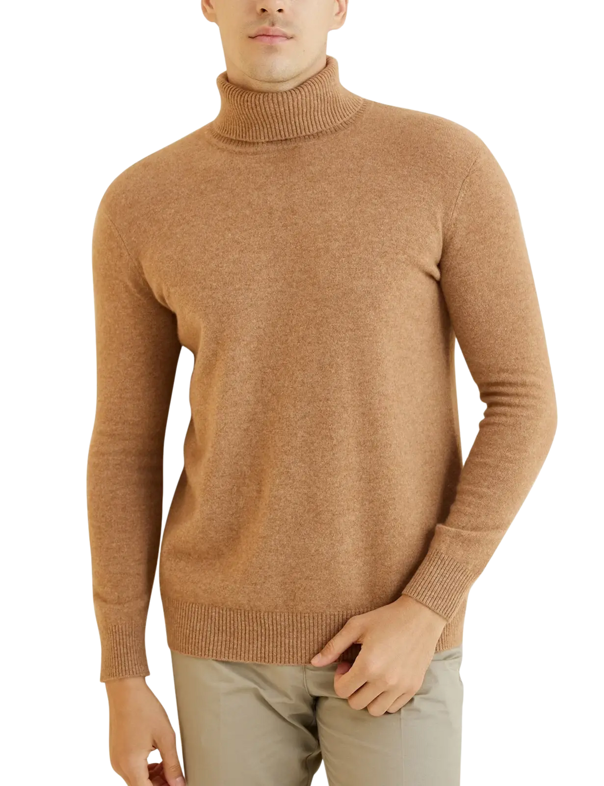 Men’s merino wool turtleneck sweater in soft camel color with ribbed knit collar and cuffs for warmth and style