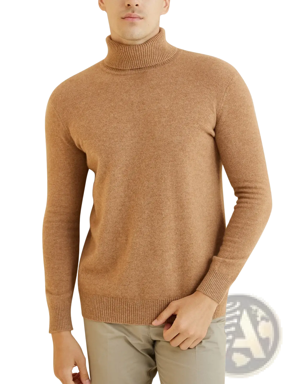 Men’s merino wool turtleneck sweater in soft camel color with ribbed knit collar and cuffs for warmth and style