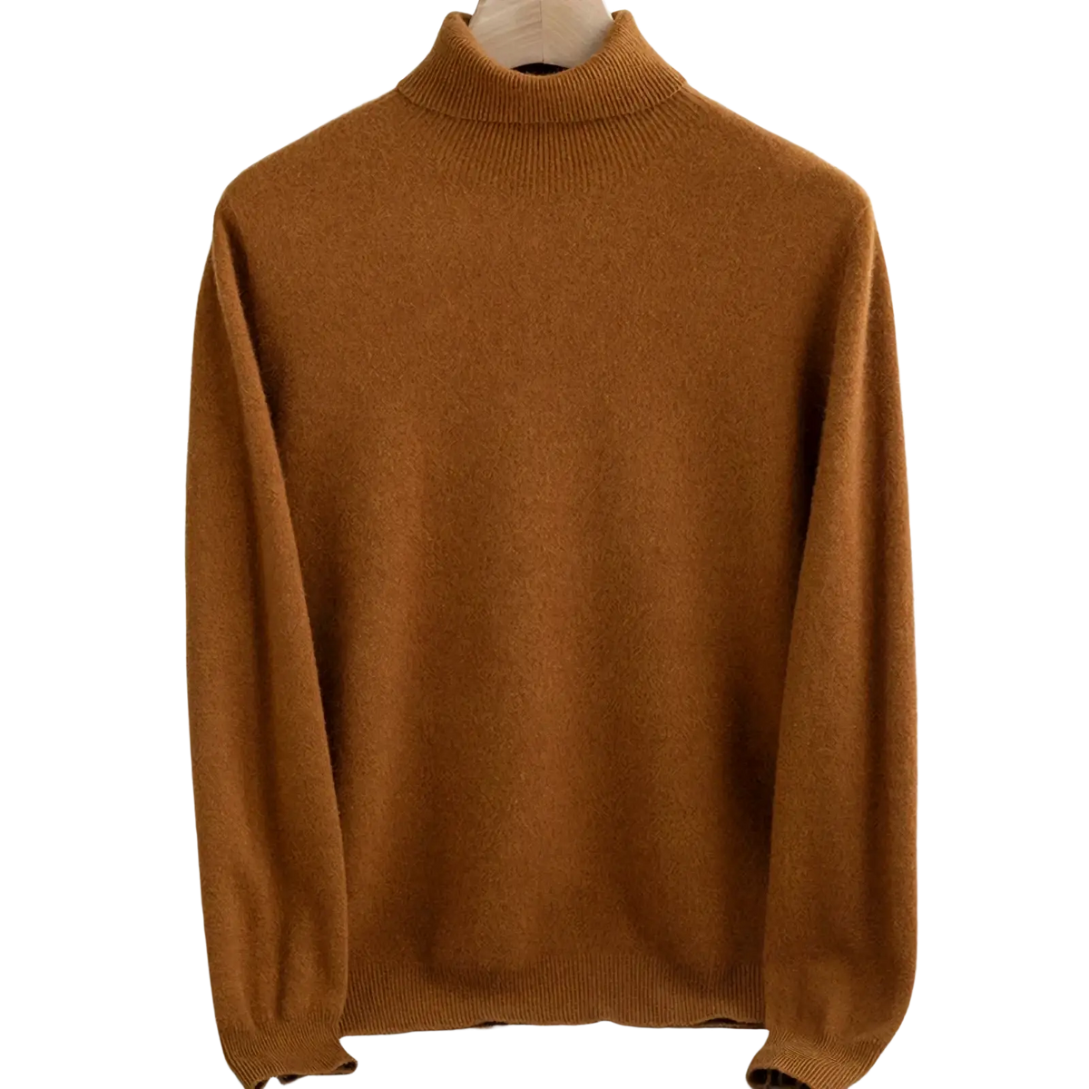 A warm camel-colored men’s merino wool turtleneck sweater with soft textured fabric and ribbed cuffs