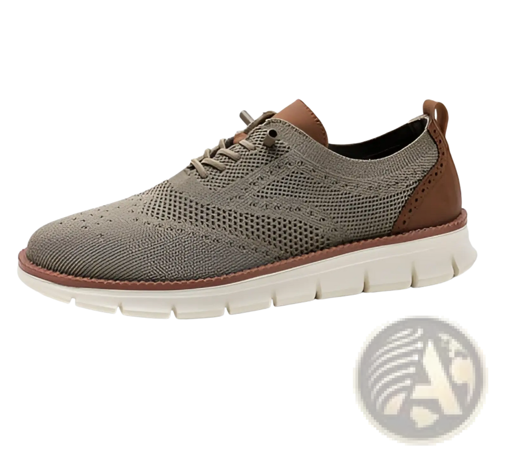 Men’s mesh knit casual lightweight sneaker in gray with lace-up design brown leather accents and white rubber sole