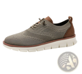 Men’s mesh knit casual lightweight sneaker in gray with lace-up design brown leather accents and white rubber sole