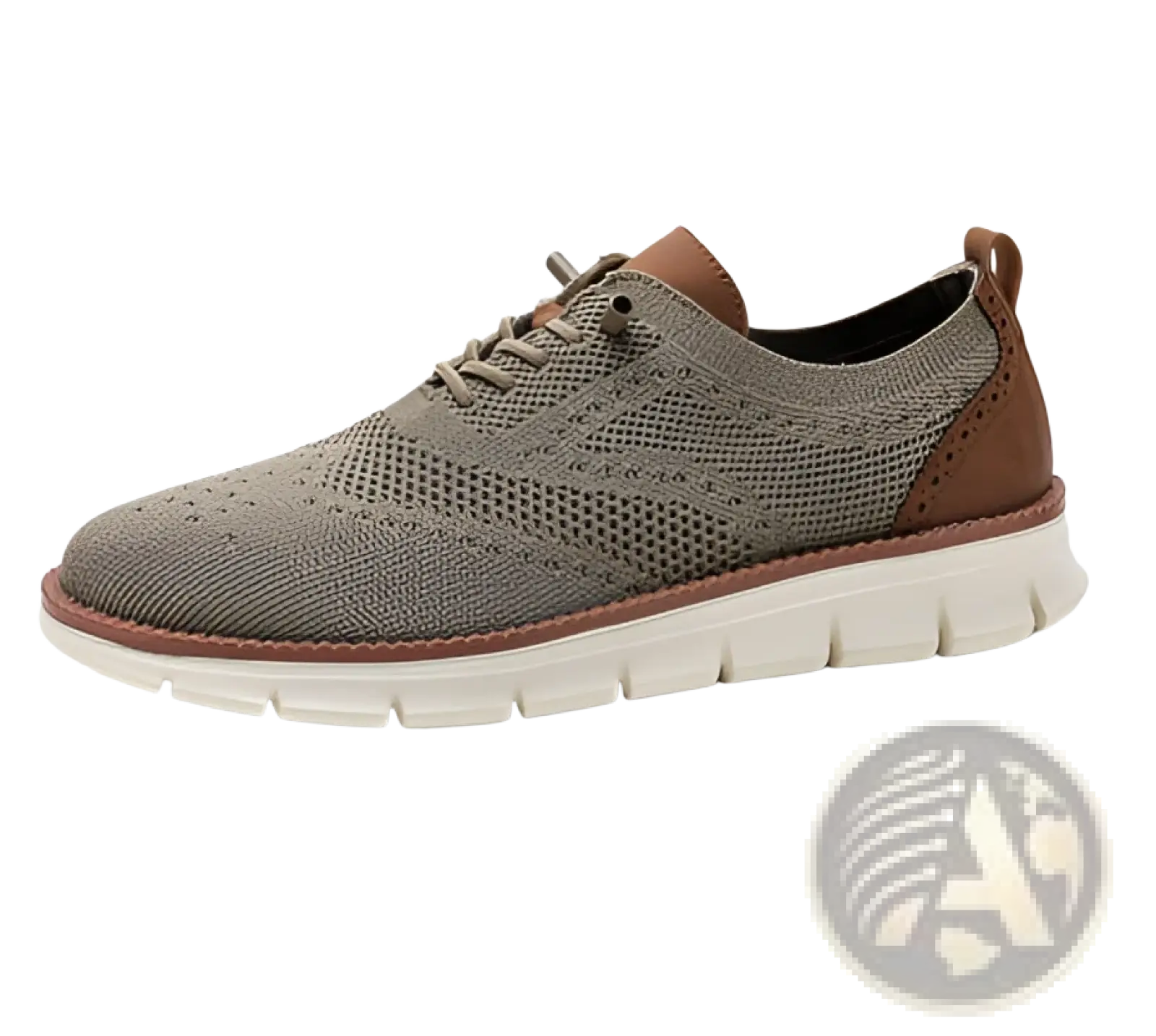 Men’s mesh knit casual lightweight sneaker in gray with lace-up design brown leather accents and white rubber sole