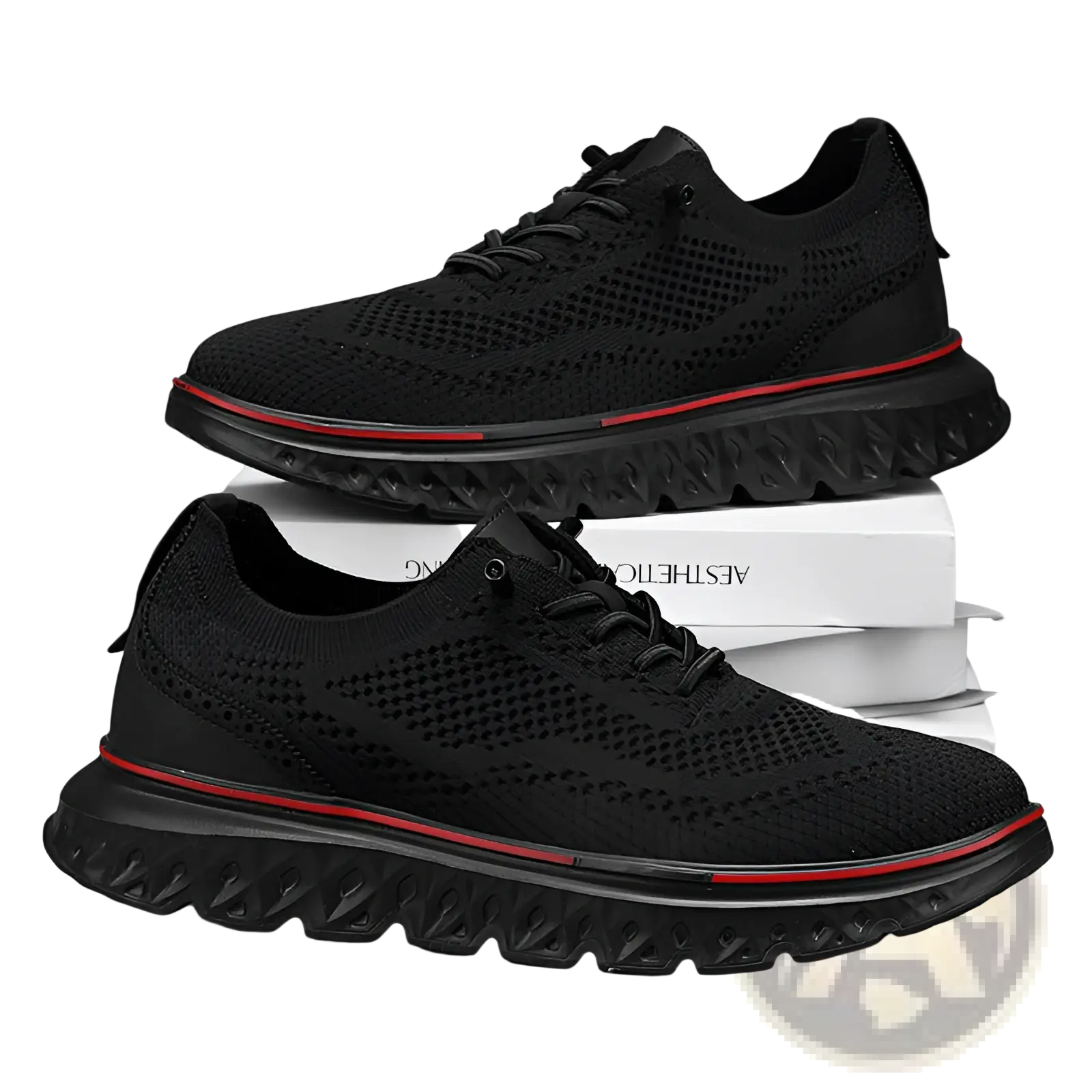 Men’s mesh knit casual lightweight sneakers in black with red accent stitching and textured chunky rubber outsole