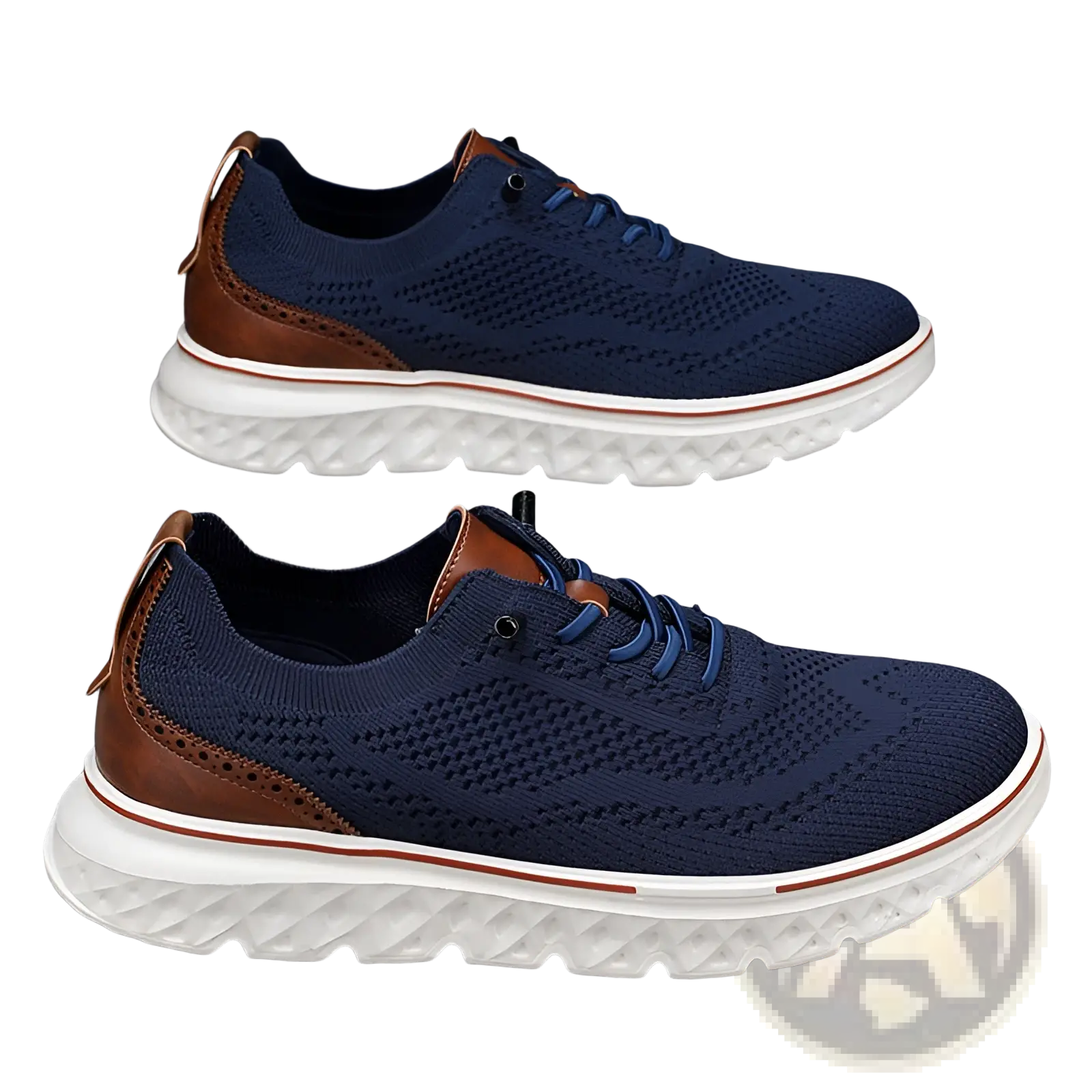 Men’s mesh knit casual lightweight sneakers in navy blue with brown leather accents and a white rubber sole