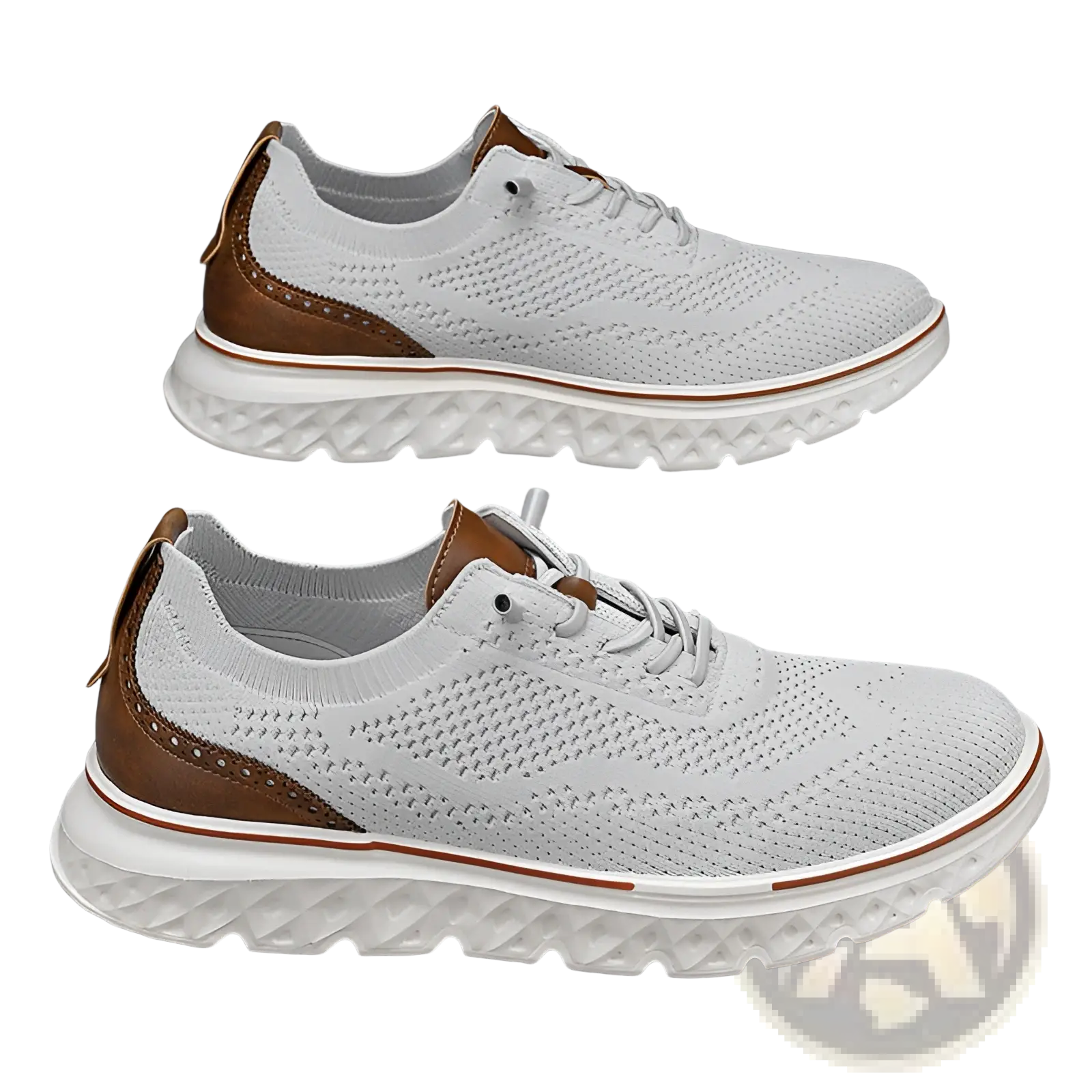 Men’s mesh knit casual lightweight sneakers in white with brown leather accents and a textured white rubber sole