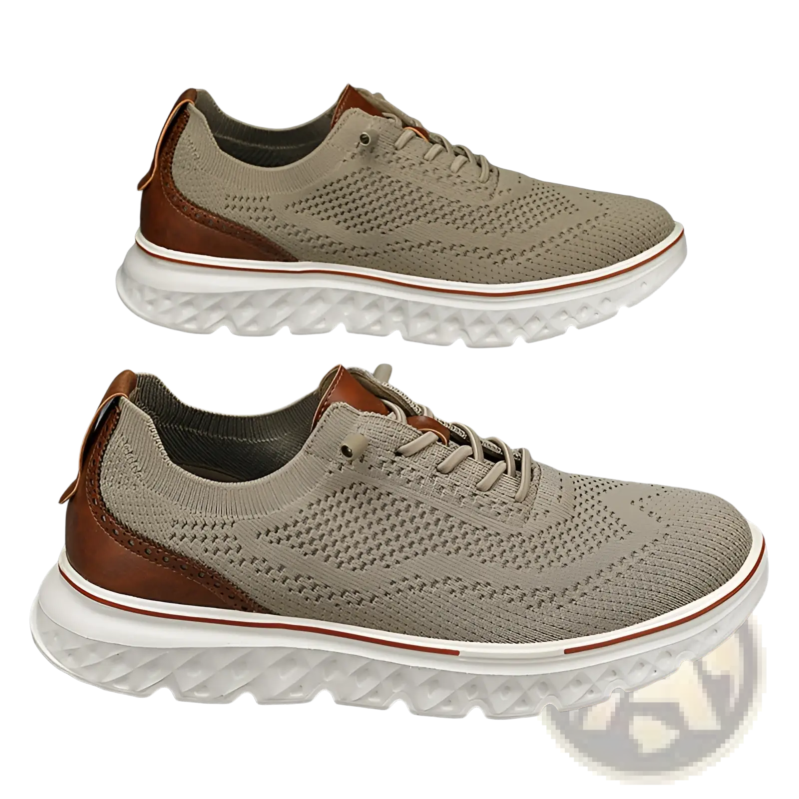 Men’s mesh knit casual lightweight sneakers in beige with brown leather accents and a white textured sole