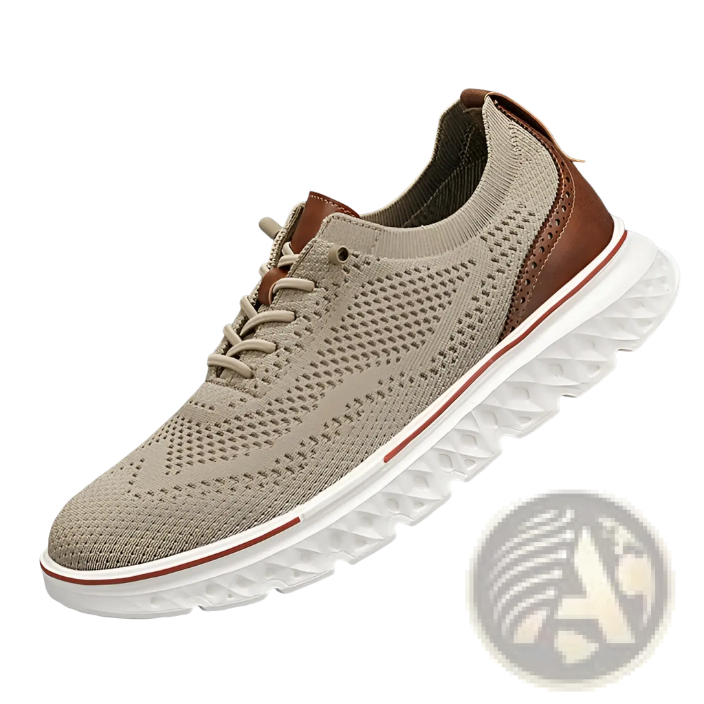 Men’s mesh knit casual lightweight sneaker in beige with brown leather accents and white rubber sole with red trim
