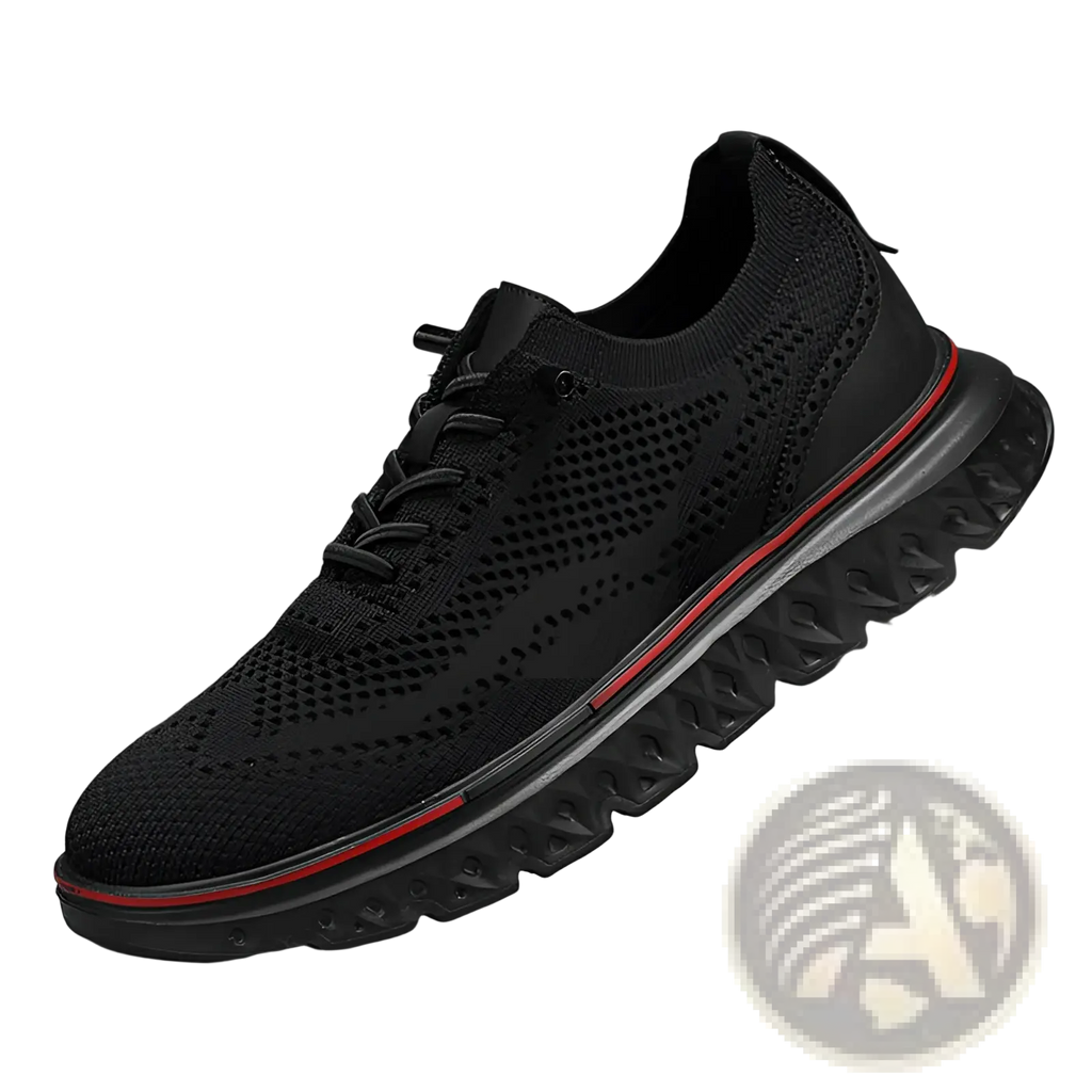 Men’s black mesh knit casual lightweight sneaker with red accent stripe along the sole for everyday wear