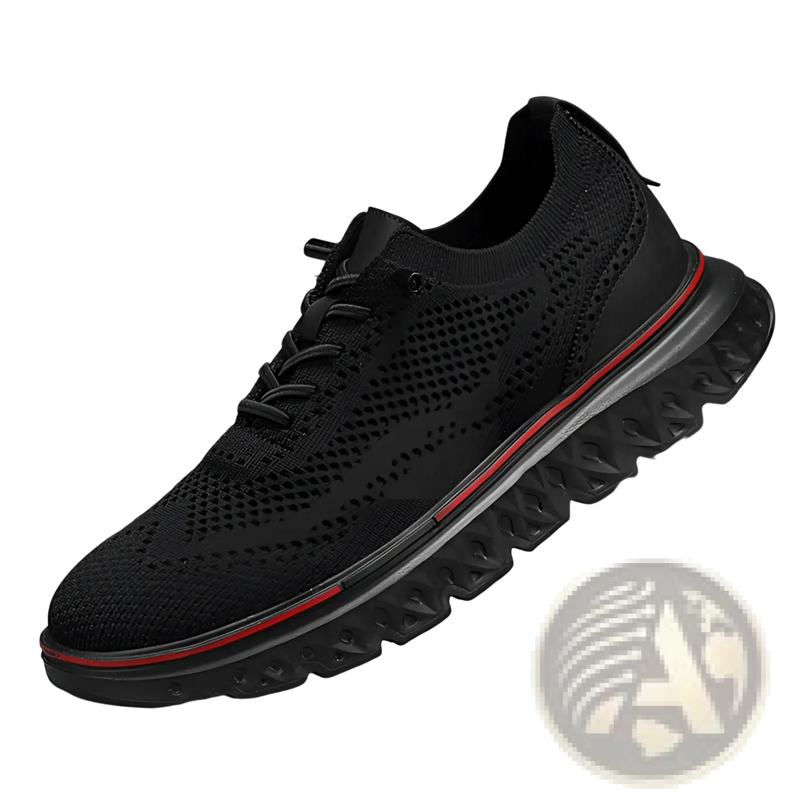 Men’s black mesh knit casual lightweight sneaker with red accent stripe along the sole for everyday wear