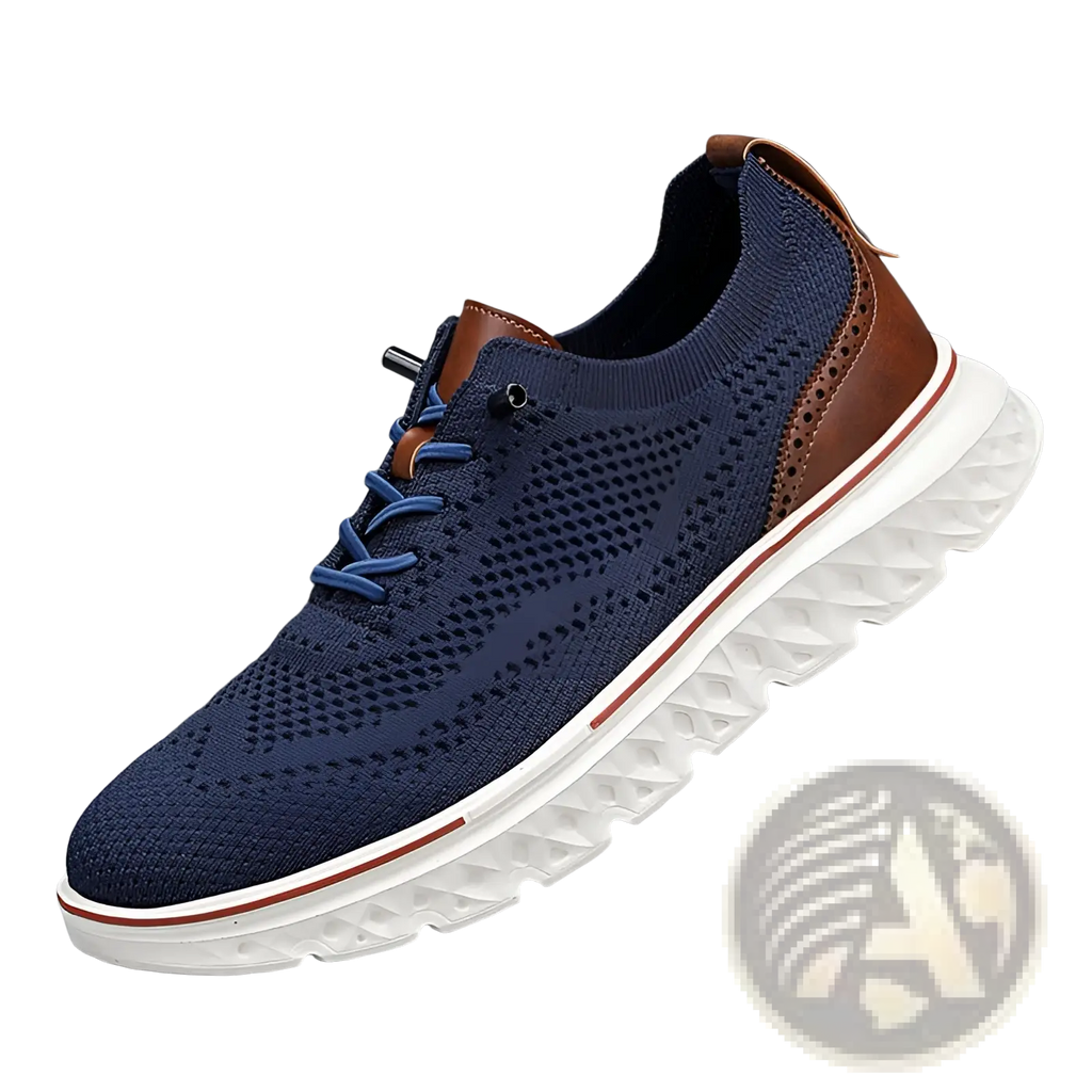 Men’s mesh knit casual lightweight sneaker in navy blue with brown leather accents and white rubber sole