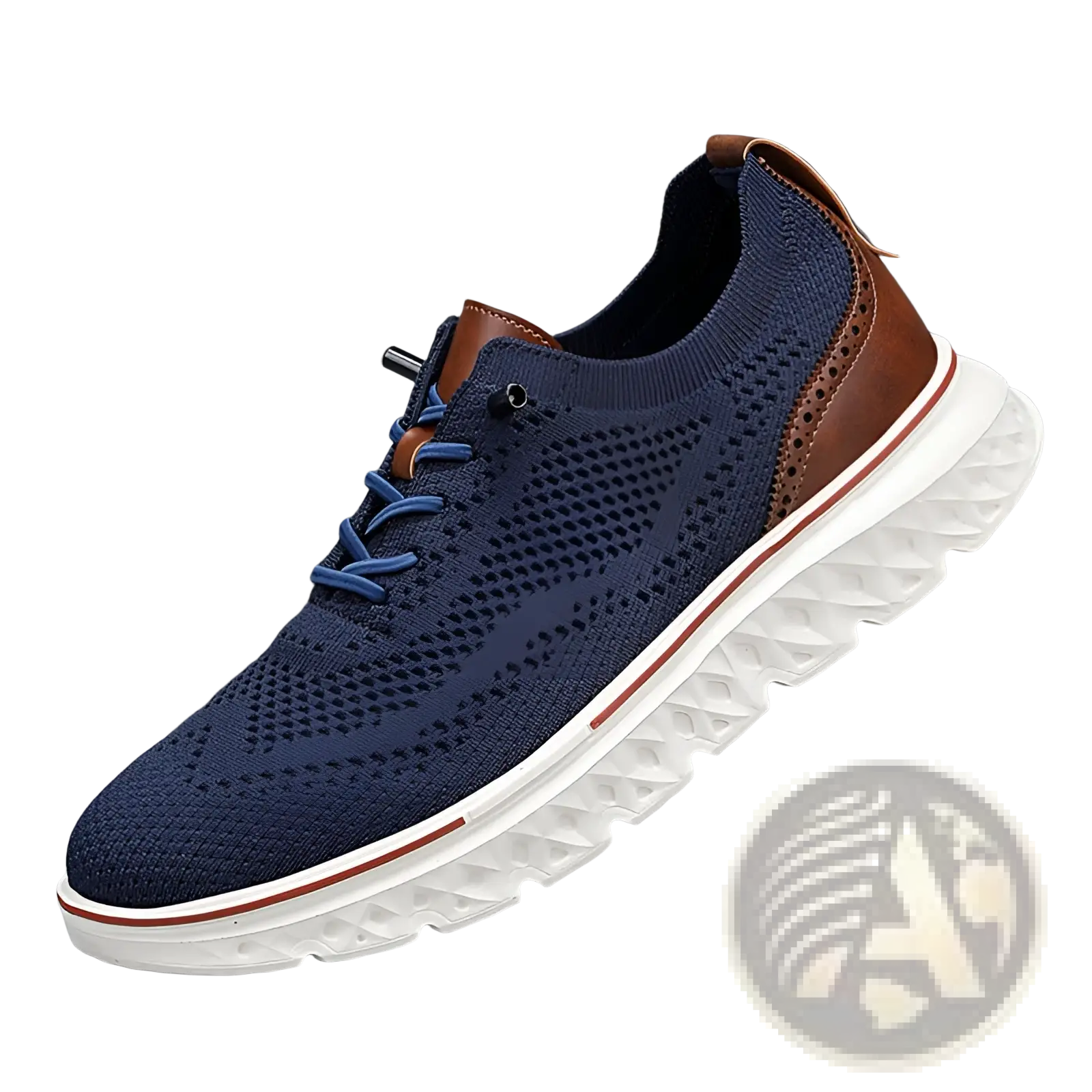 Men’s mesh knit casual lightweight sneaker in navy blue with brown leather accents and white rubber sole