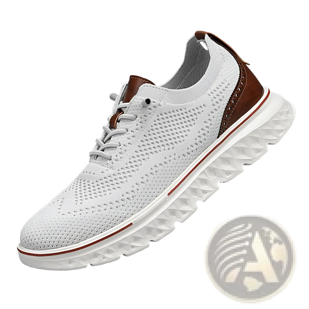 Men’s mesh knit casual lightweight sneaker in white with brown leather accents and a textured white sole