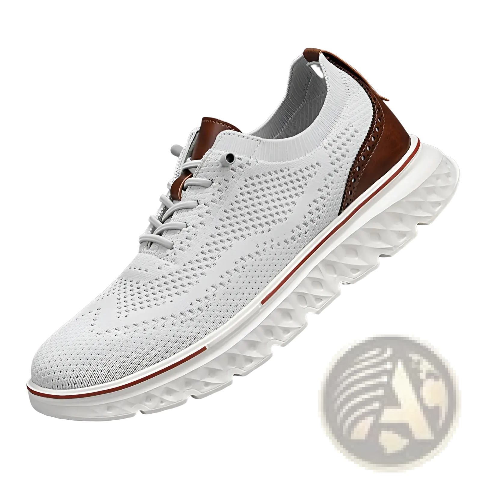 Men’s mesh knit casual lightweight sneaker in white with brown leather accents and a textured white sole