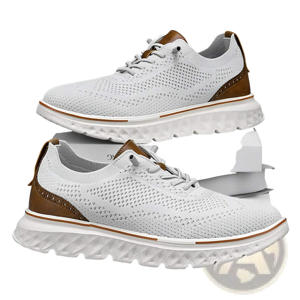 Men’s mesh knit casual lightweight sneakers in white with brown leather accents and a textured white sole