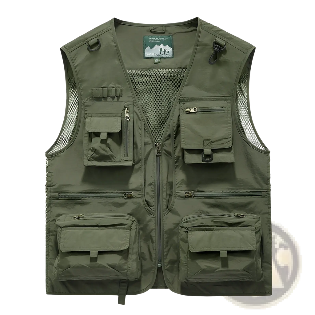Men’s olive green quick-drying mesh utility vest with multiple zippered and flap pockets showing the back side