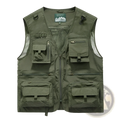 Men’s olive green quick-drying mesh utility vest with multiple zippered and flap pockets showing the back side