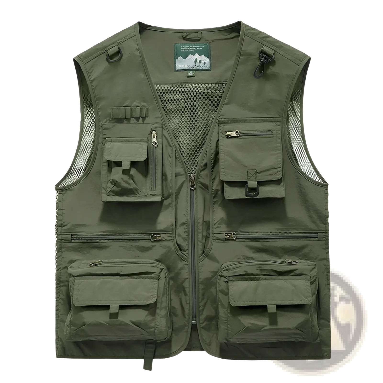 Men’s olive green quick-drying mesh utility vest with multiple zippered and flap pockets showing the back side