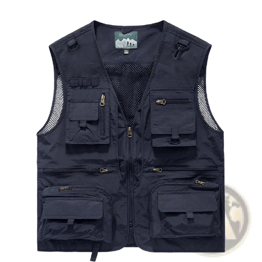 Men’s black mesh quick-drying utility vest with multiple zippered pockets and breathable side panels