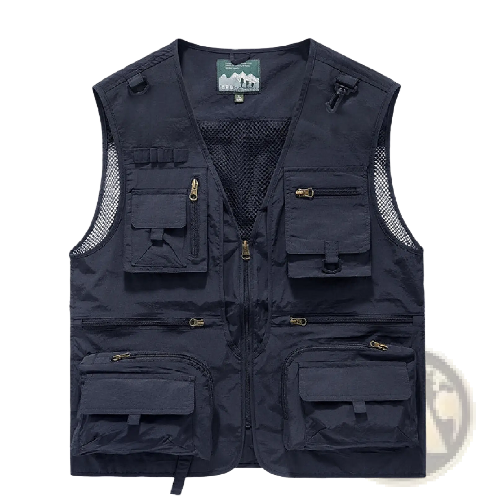 Men’s black mesh quick-drying utility vest with multiple zippered pockets and breathable side panels