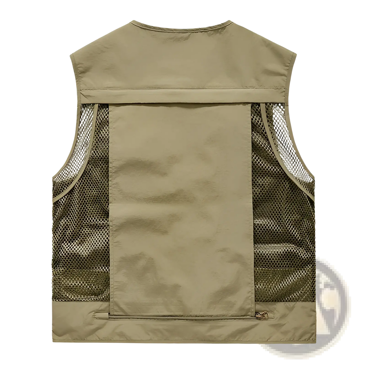 Men’s khaki quick-drying utility vest with mesh side panels and central zippered pocket for practical use