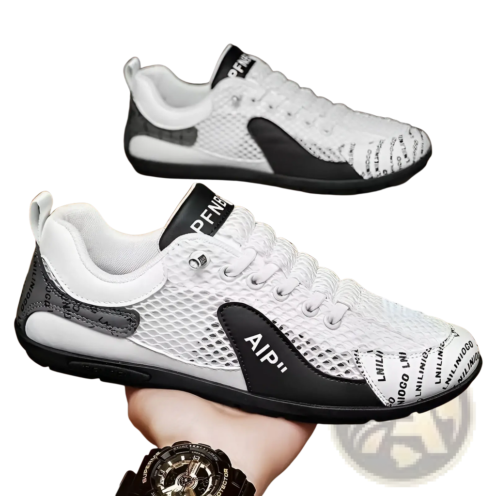 Men’s white and black mesh slip on breathable casual sneakers with bold lettering and a sleek modern design