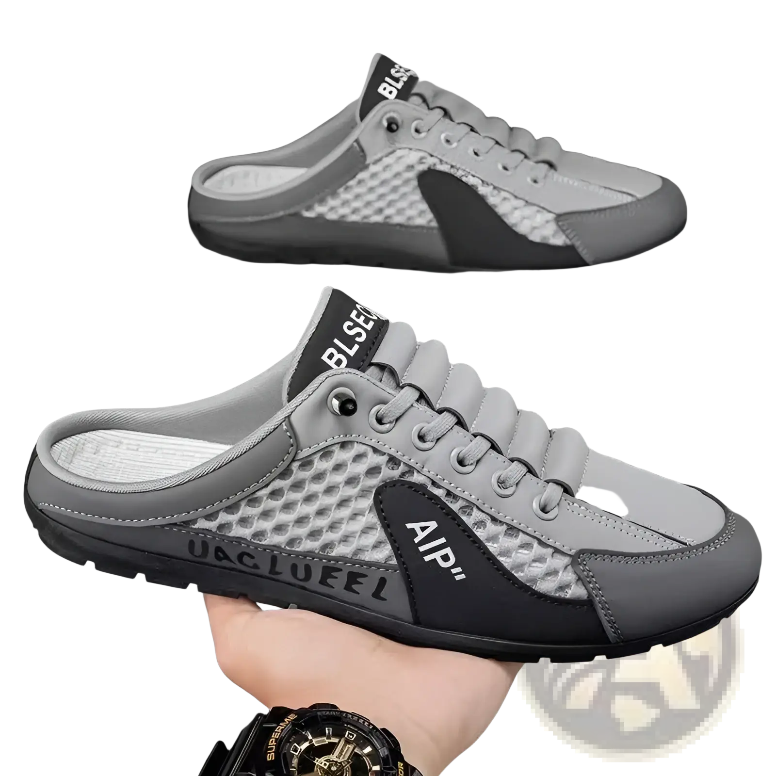 Men’s gray and black mesh slip-on breathable casual sneakers with textured pattern white laces and bold side lettering