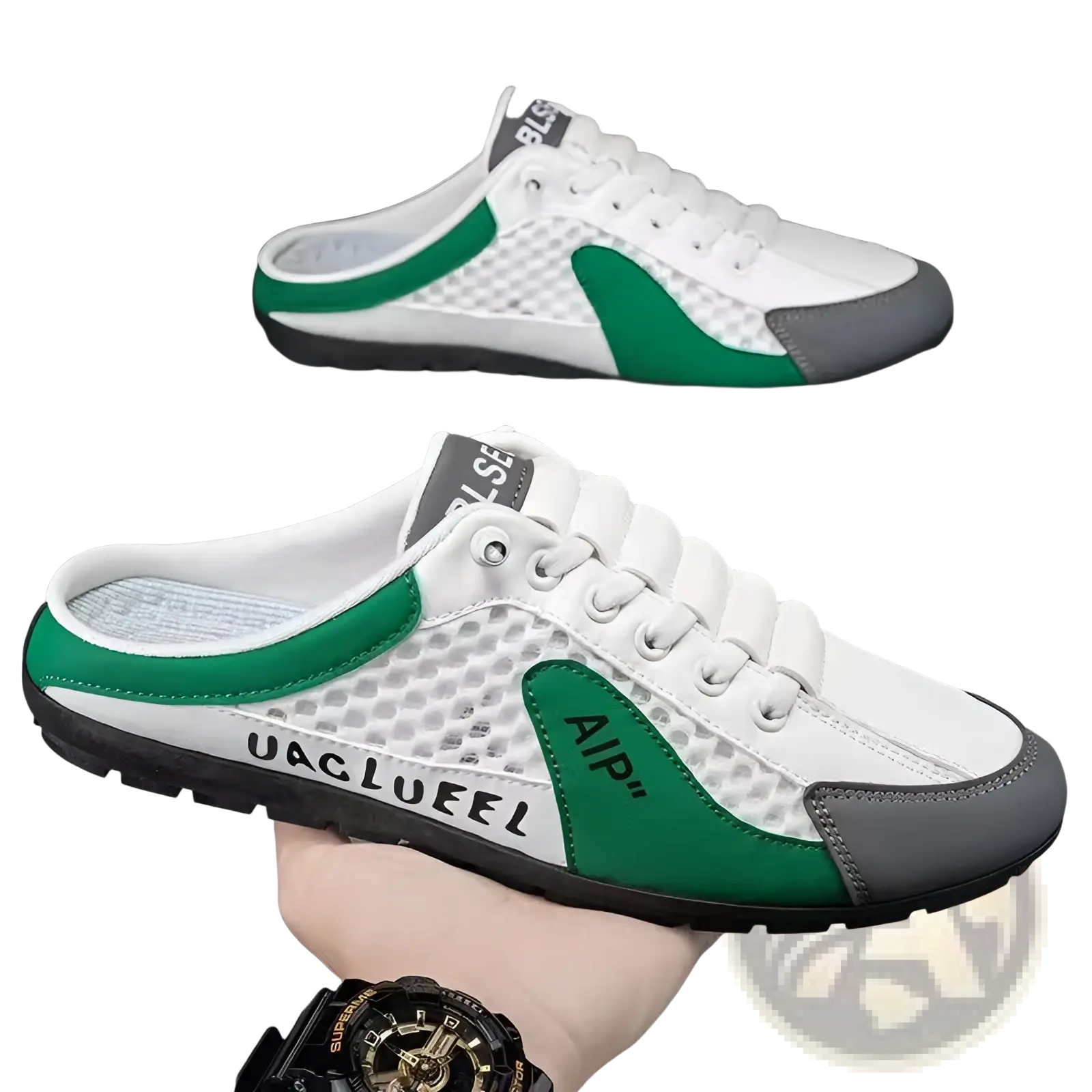 Men’s white and green mesh slip on breathable casual sneakers with gray rubber soles and bold aip logo on the side