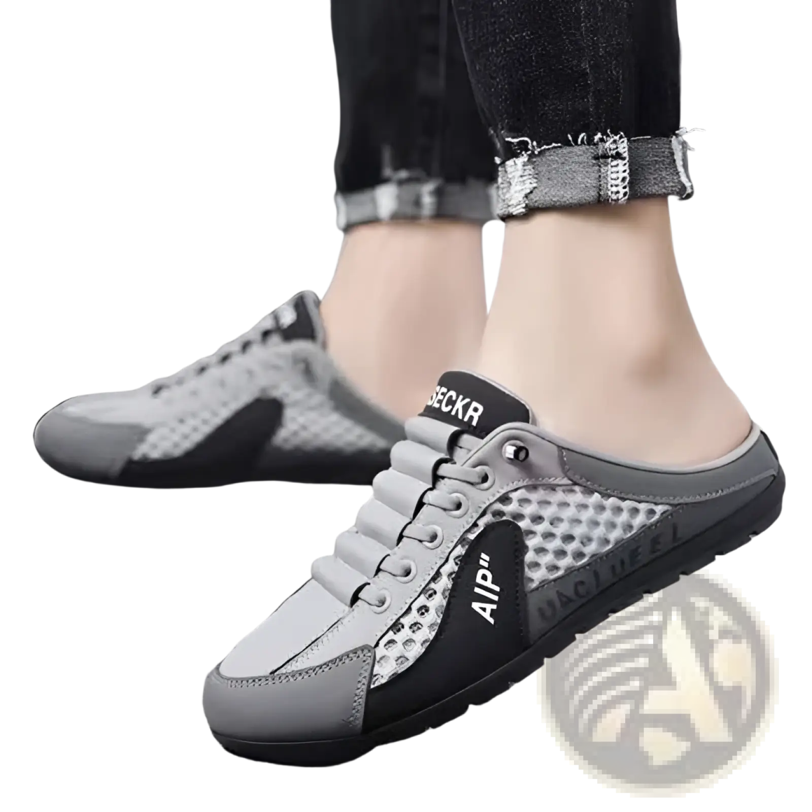 Men’s gray and black mesh slip-on breathable casual sneakers with a sleek modern design and comfortable fit
