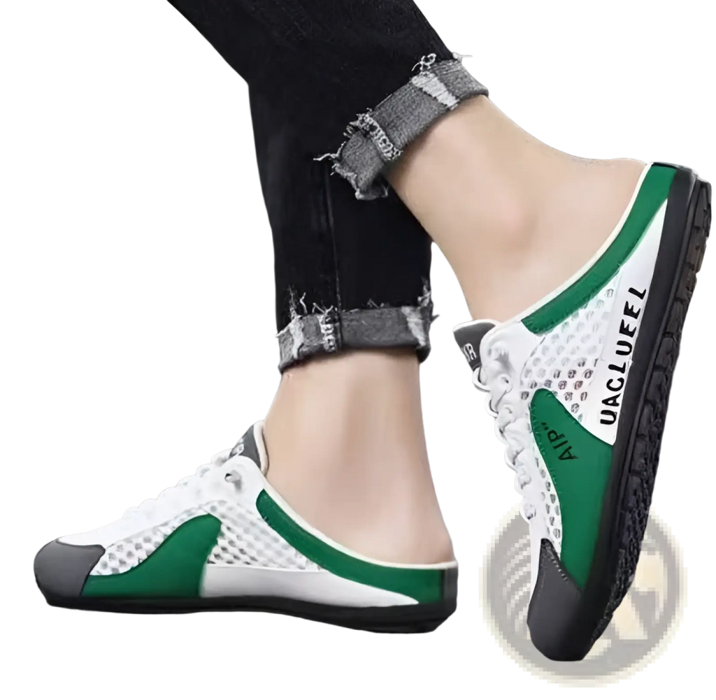 Men’s green and white mesh slip on breathable casual sneakers with black rubber soles for everyday use