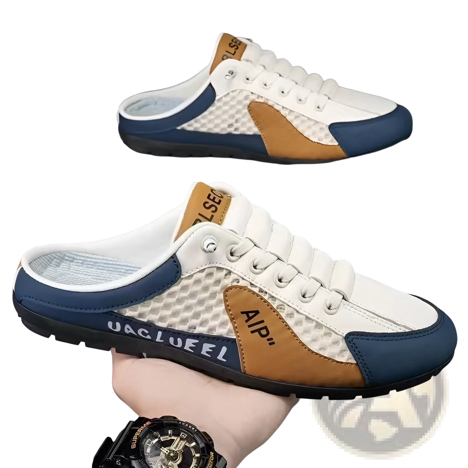Men’s mesh slip on breathable casual sneakers in white navy blue and tan with mesh panels and rubber sole